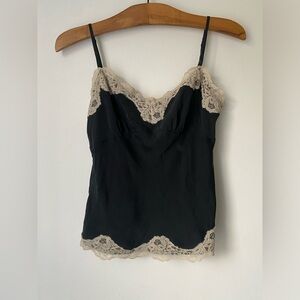 Vintage Ann Taylor Top Women’s 2 Black Camisole with Cream Lace Y2K Silk